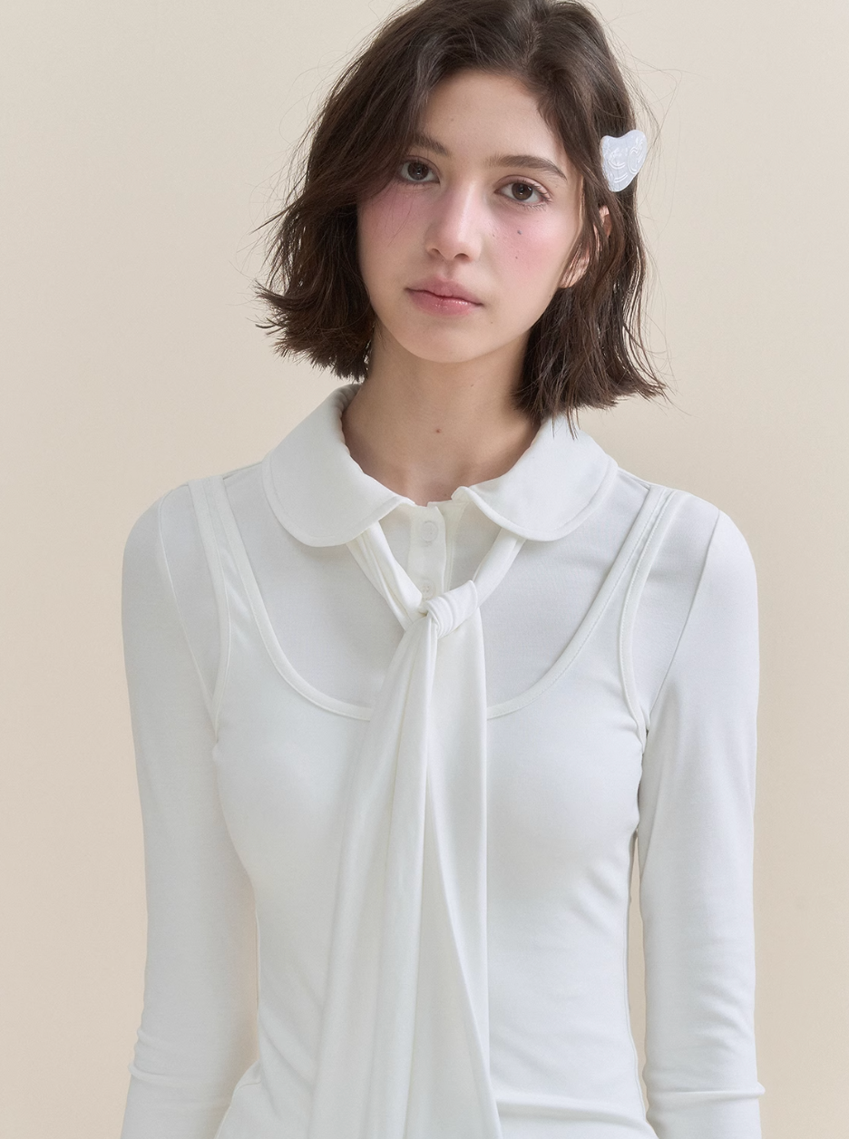 Soft Light Doll Collar Faux Two-Piece Top & Skirt Set