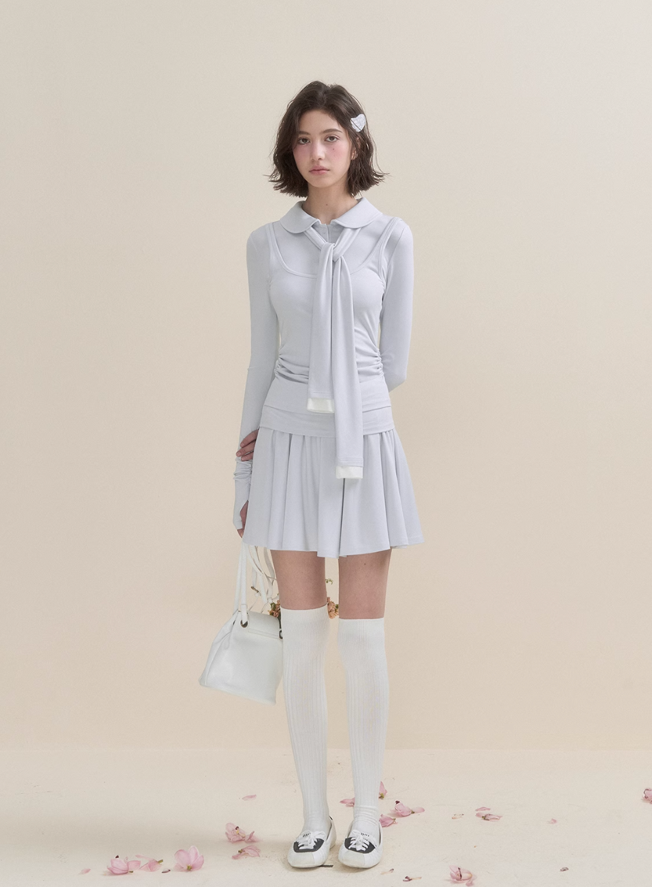 Soft Light Doll Collar Faux Two-Piece Top & Skirt Set