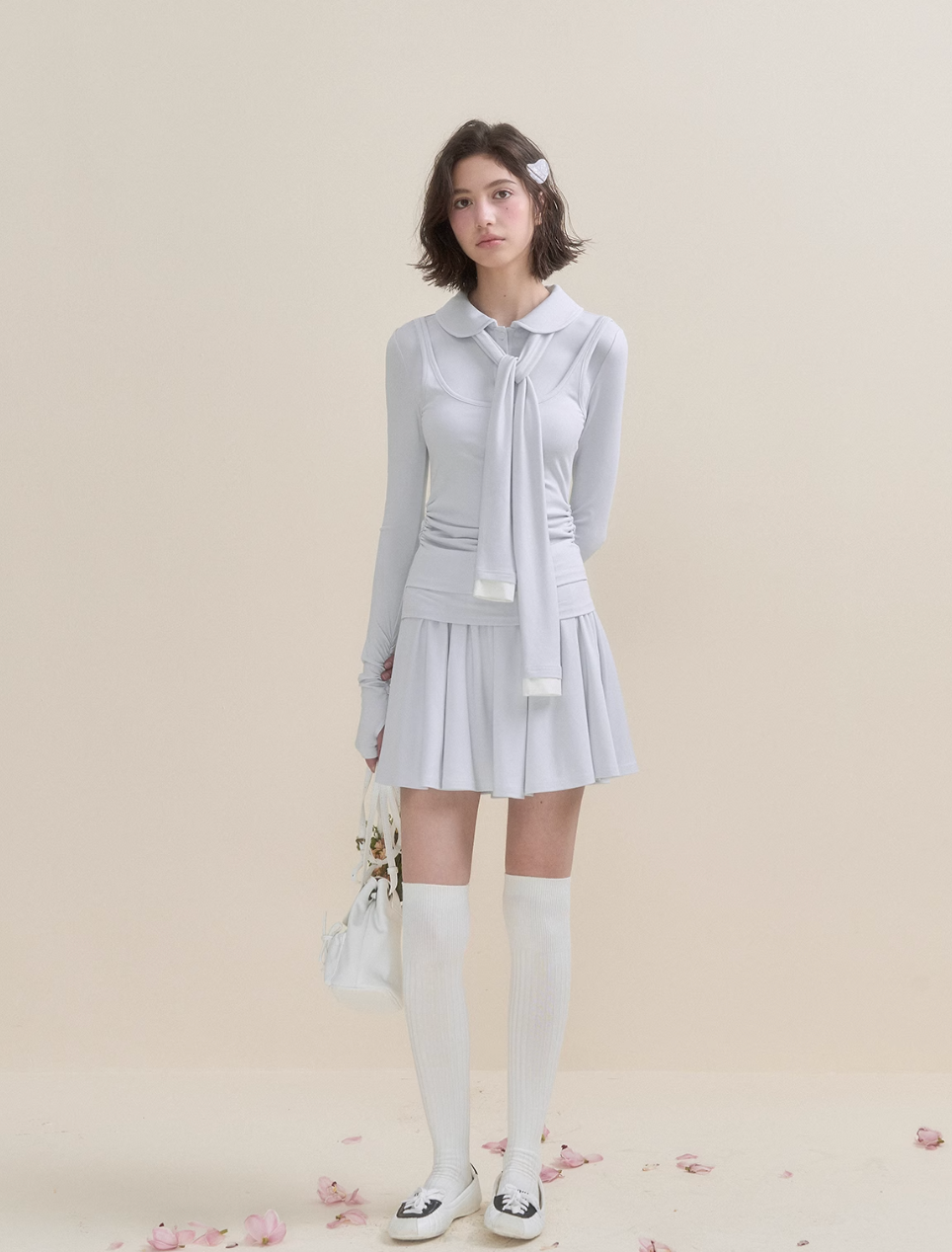 Soft Light Doll Collar Faux Two-Piece Top & Skirt Set