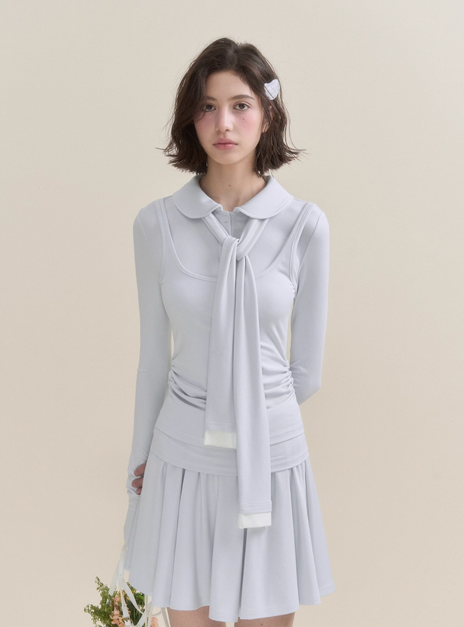 Soft Light Doll Collar Faux Two-Piece Top & Skirt Set Hover Image