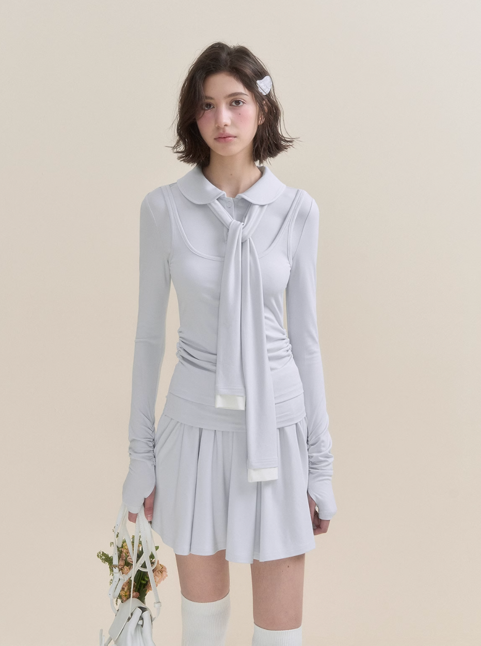 Soft Light Doll Collar Faux Two-Piece Top & Skirt Set