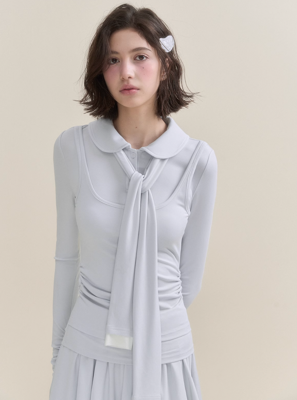 Soft Light Doll Collar Faux Two-Piece Top & Skirt Set