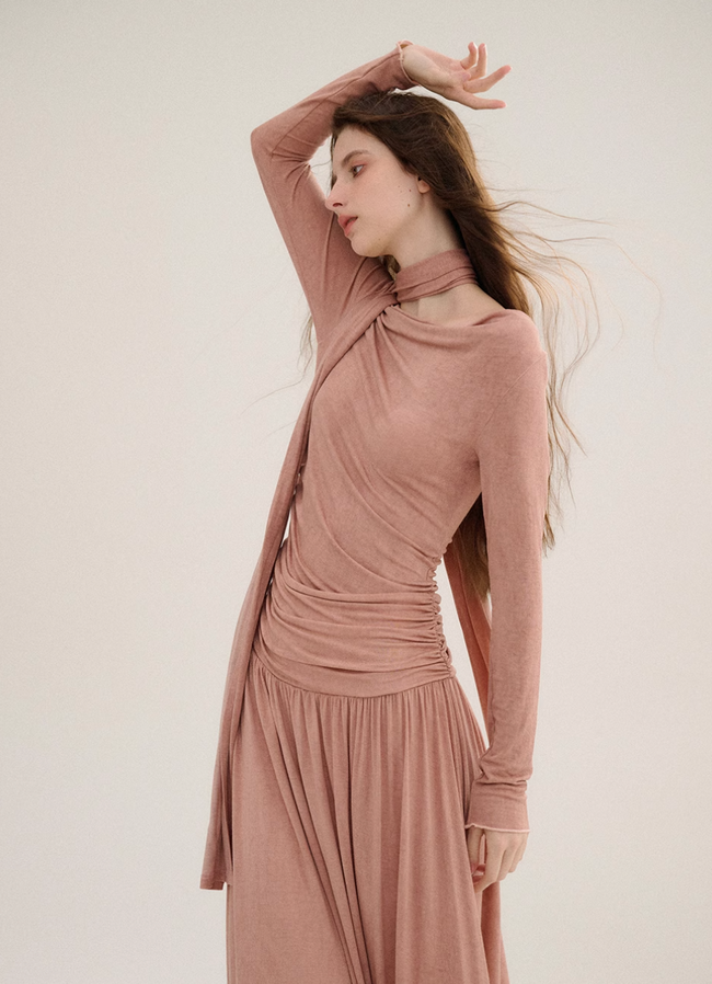 French long-sleeved knitted skirt dress Hover Image