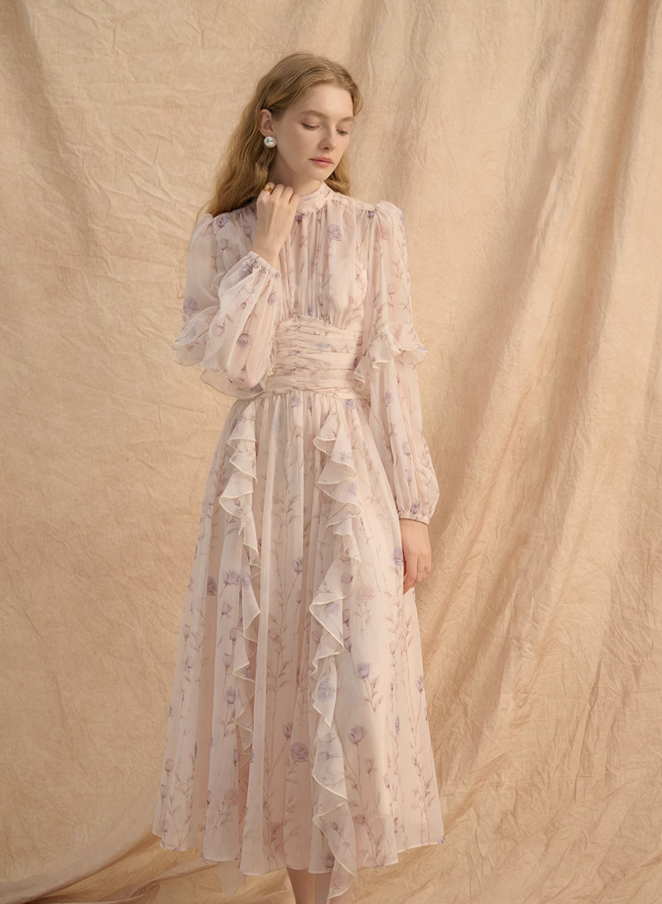 Chiffon Long-Sleeve Maxi Dress