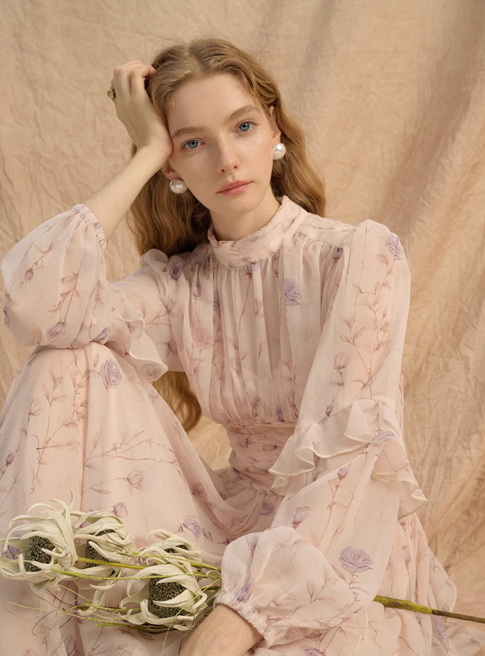 Chiffon Long-Sleeve Maxi Dress