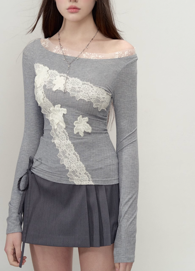 Lace splicing Tencel T-shirt female