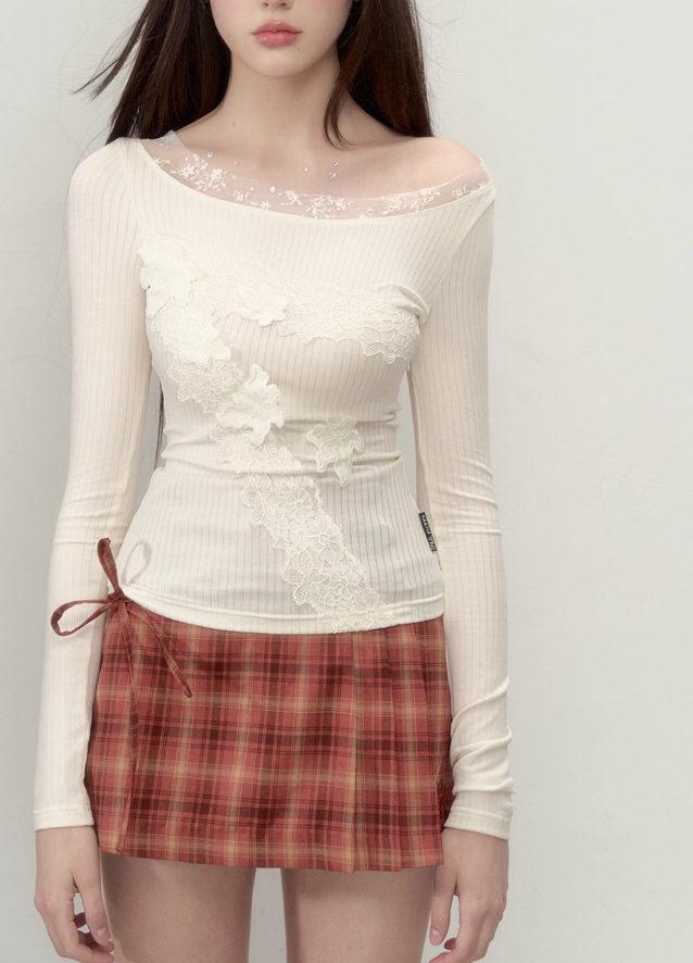 Lace splicing Tencel T-shirt female