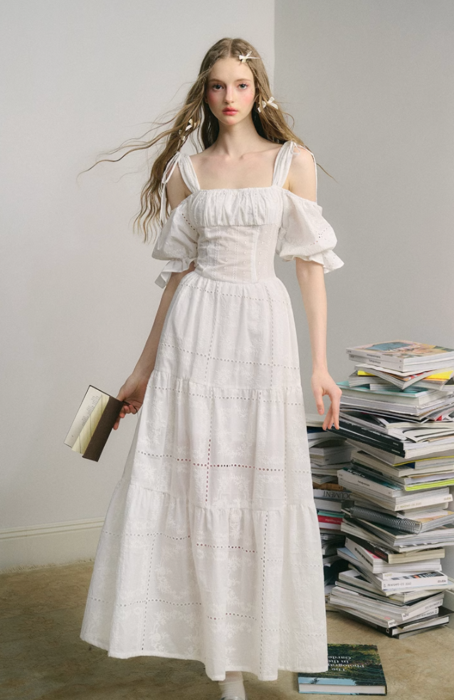 Embroidery Hollow Long Skirt White Dress