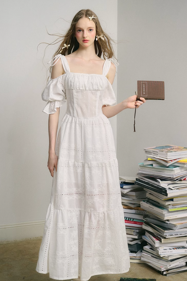 Embroidery Hollow Long Skirt White Dress