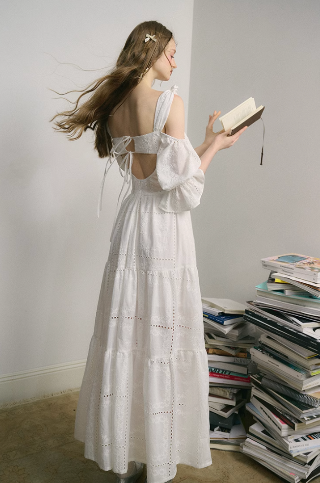 Embroidery Hollow Long Skirt White Dress