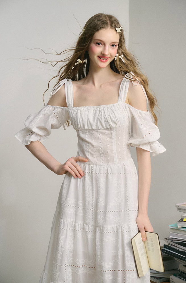 Embroidery Hollow Long Skirt White Dress