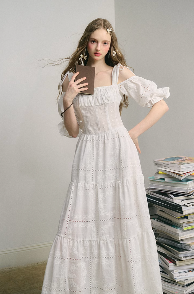 Embroidery Hollow Long Skirt White Dress Hover Image