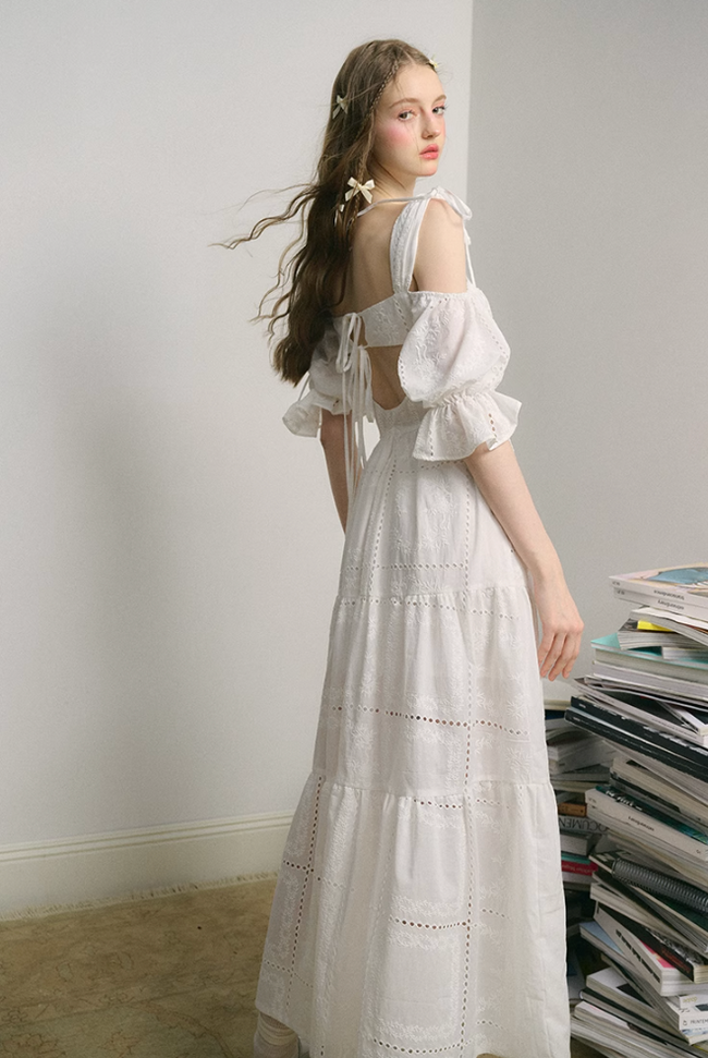 Embroidery Hollow Long Skirt White Dress Main Image