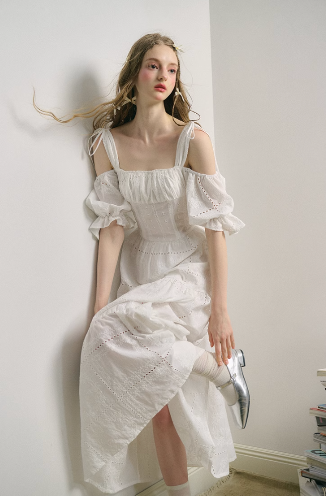 Embroidery Hollow Long Skirt White Dress