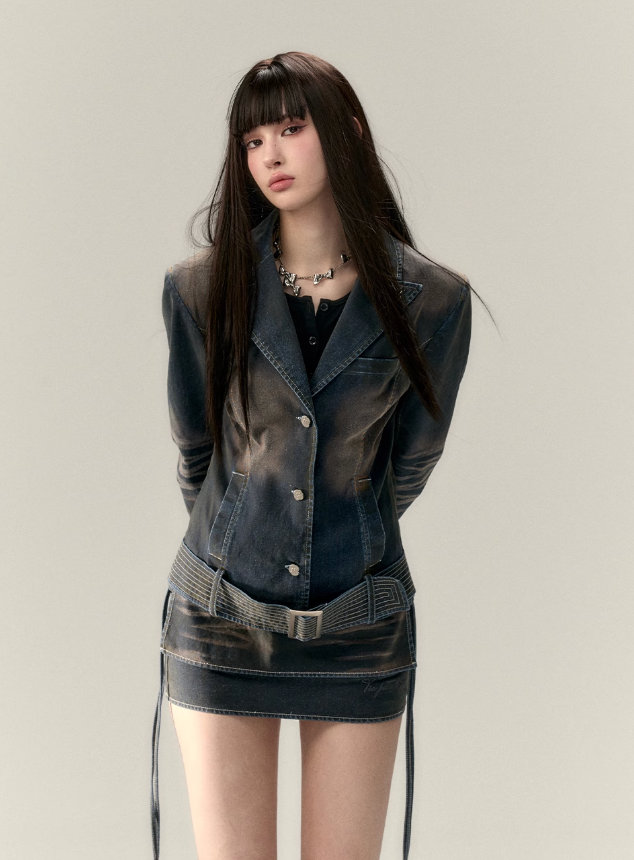 Wide Belt Denim Jacket Set