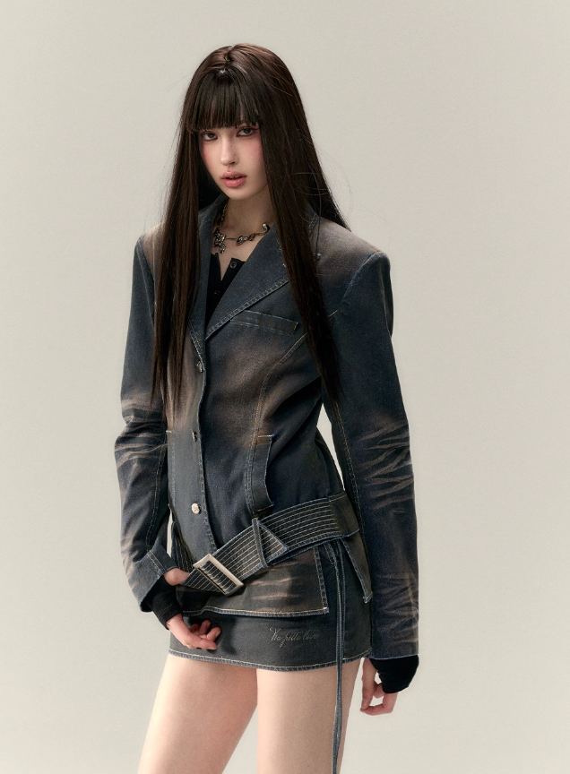 Wide Belt Denim Jacket Set