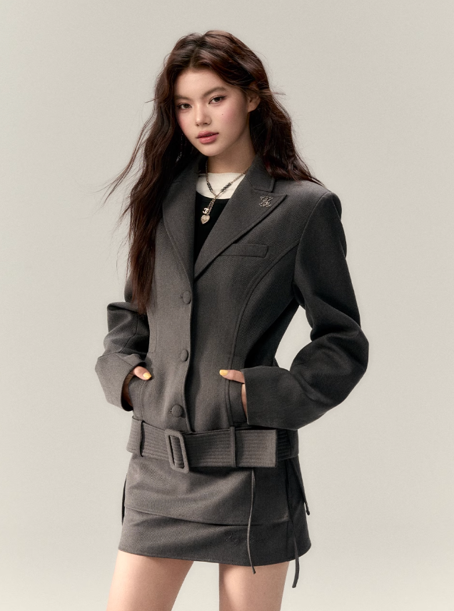 Wide Belt Denim Jacket Set Hover Image
