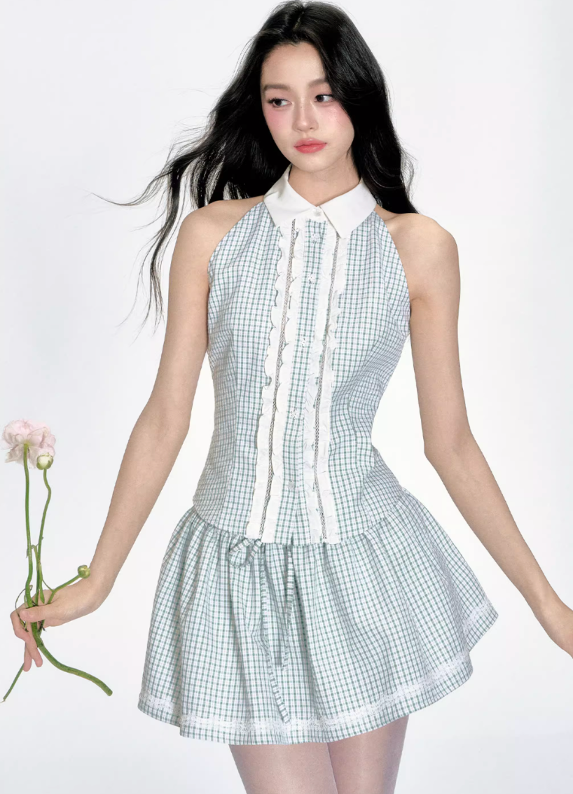 Mint Green Grid Puff Skirt Set
