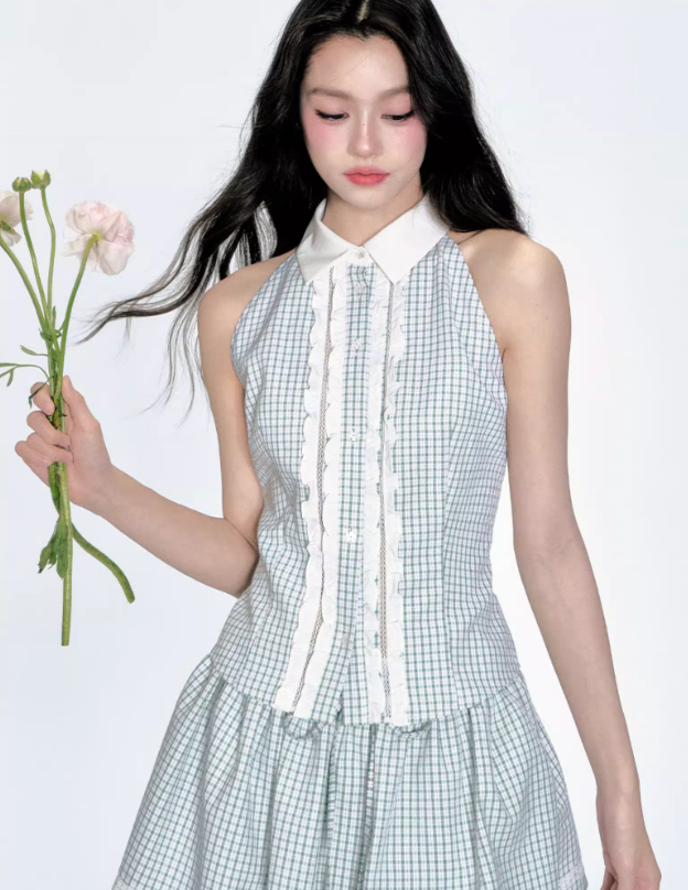Mint Green Grid Puff Skirt Set