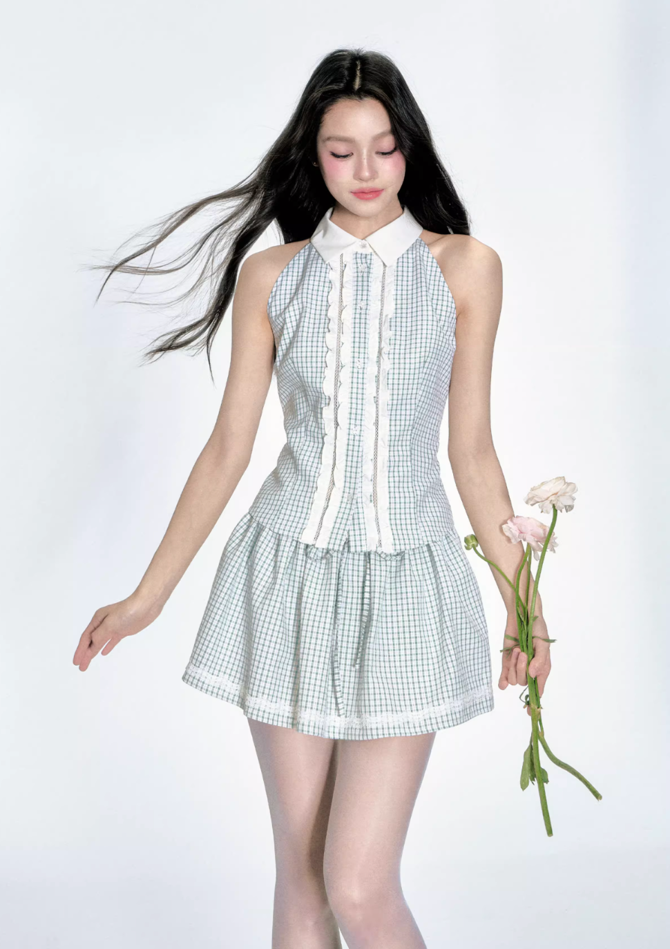 Mint Green Grid Puff Skirt Set
