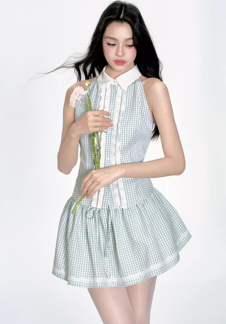 Mint Green Grid Puff Skirt Set