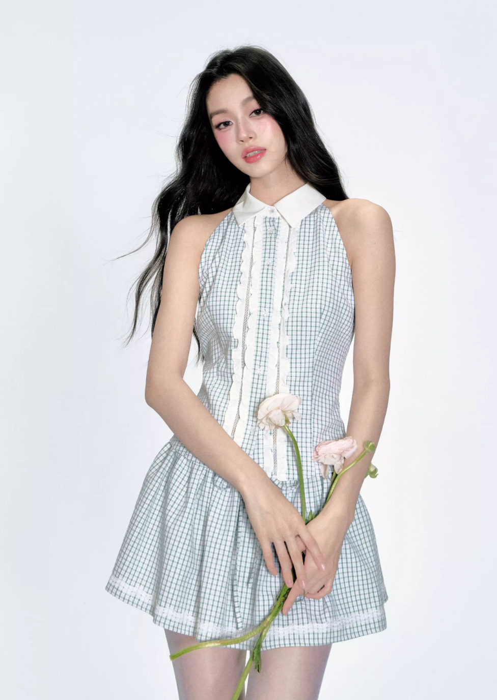 Mint Green Grid Puff Skirt Set