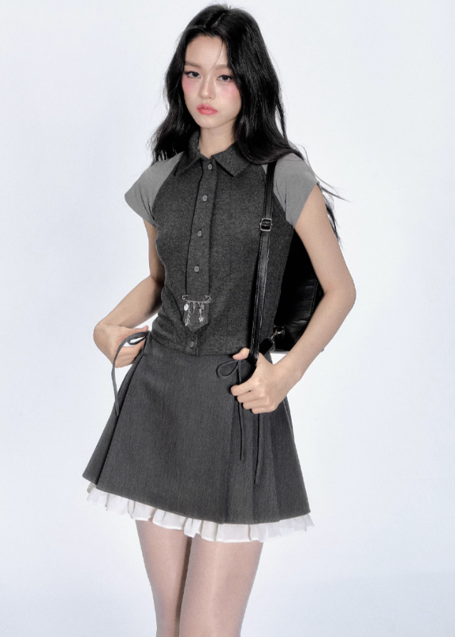 Korean Contrast Tie Skirt Set Hover Image