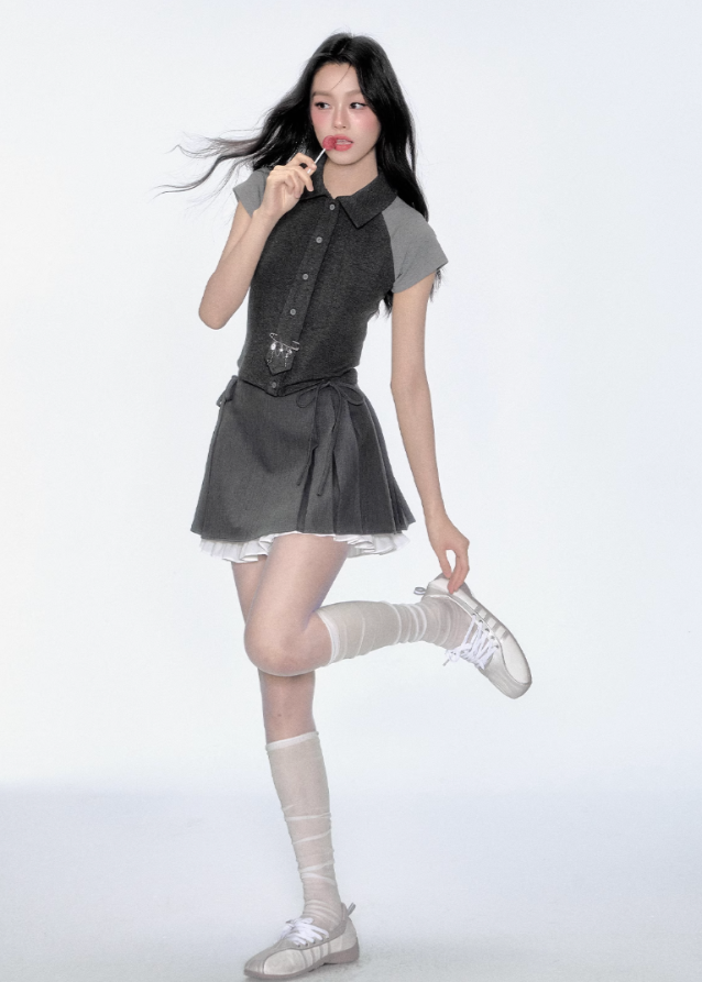 Korean Contrast Tie Skirt Set