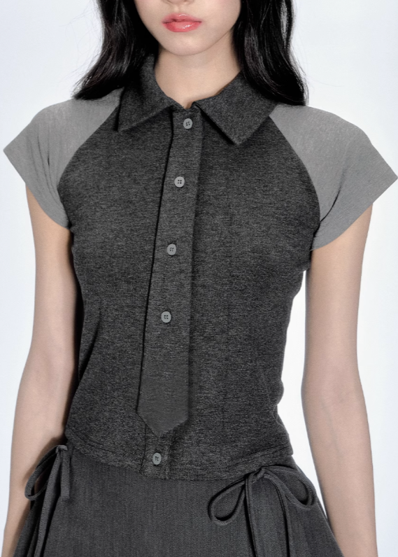 Korean Contrast Tie Skirt Set