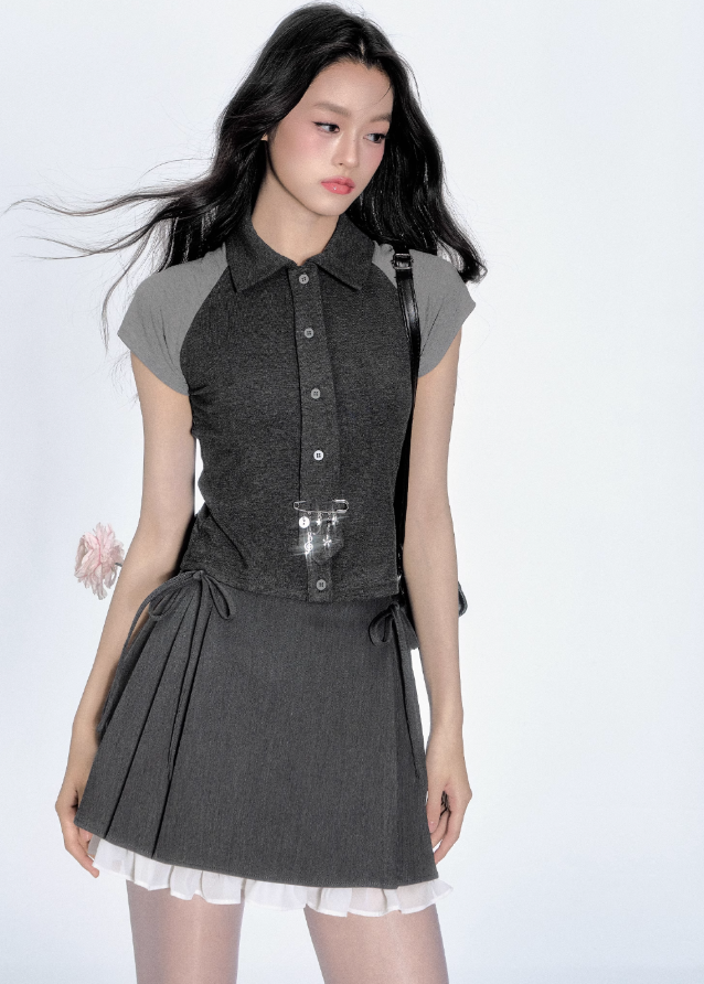 Korean Contrast Tie Skirt Set