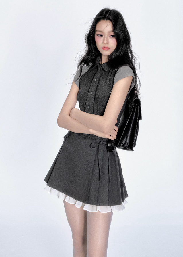 Korean Contrast Tie Skirt Set