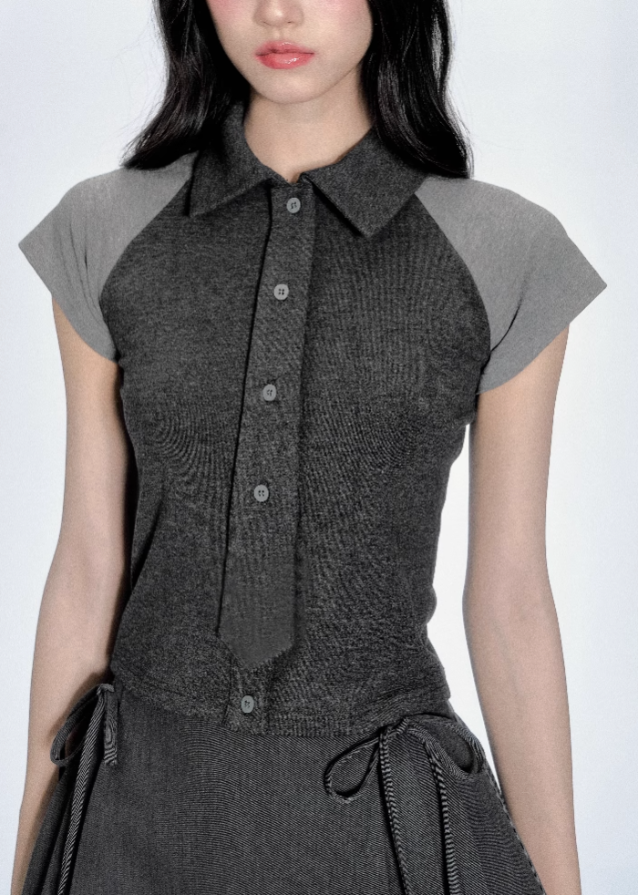 Korean Contrast Tie Skirt Set Main Image