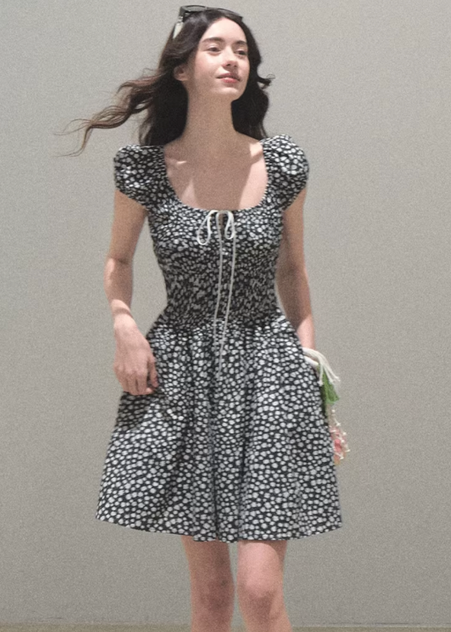 Graffiti Print Drawstring Cotton Dress