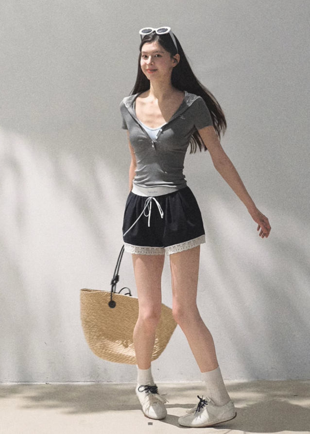 Lyocell Lace Hooded Slim Polo Top Hover Image