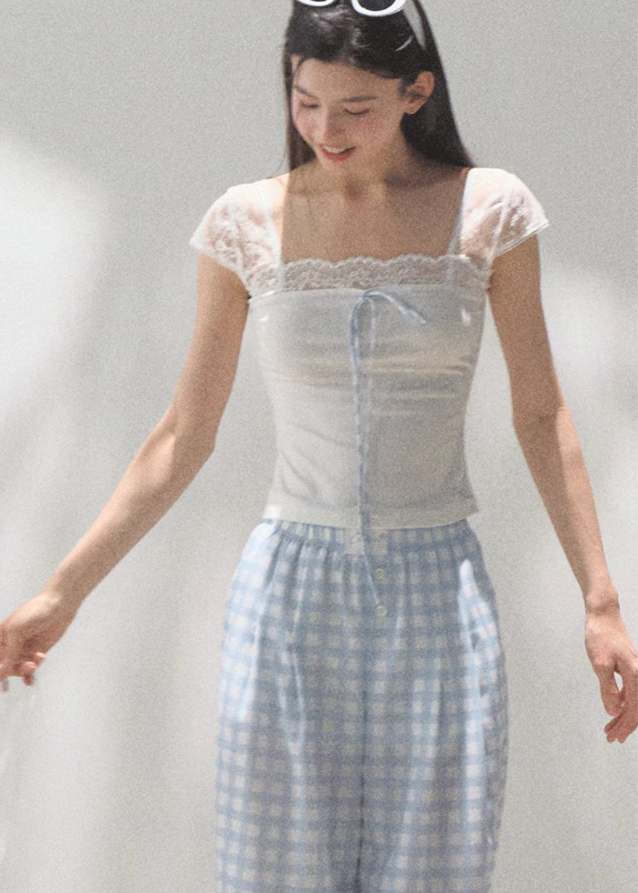 Cotton Lace Bow Short Sleeve Top Main Image
