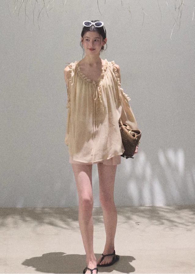 Loose Chiffon V-Neck Hoodie Top