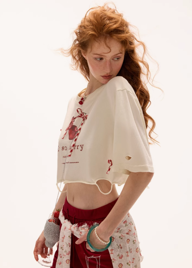 Cherry bow short sleeved top