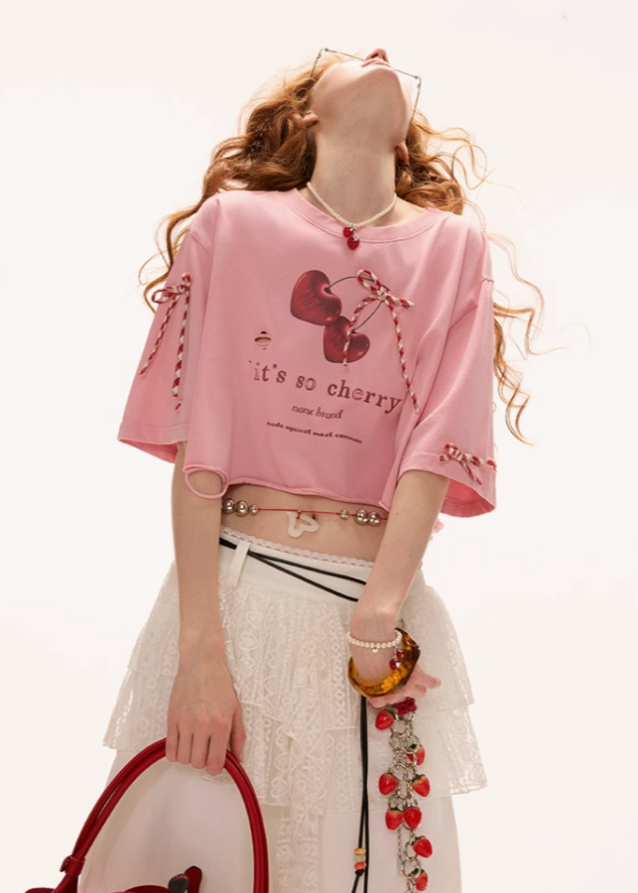 Cherry bow short sleeved top