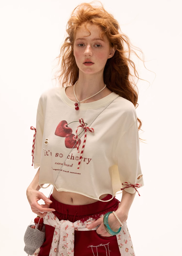 Cherry bow short sleeved top