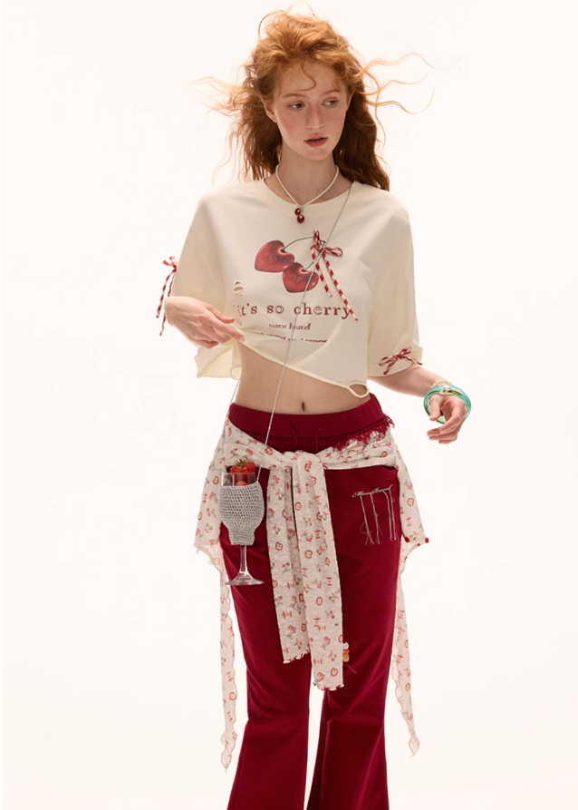 Cherry bow short sleeved top