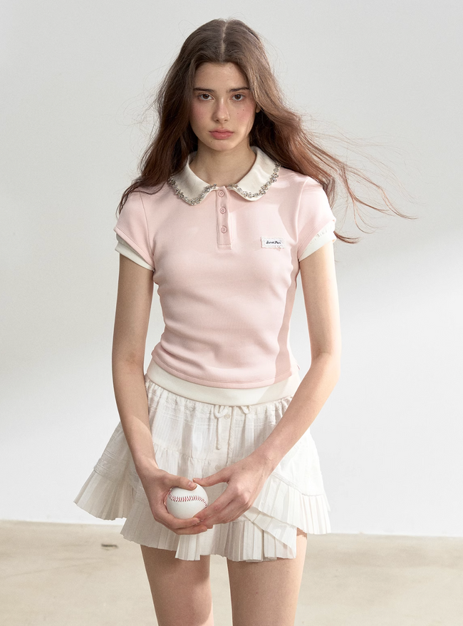 Pink Splice Fake Two-Piece Polo Top Main Image