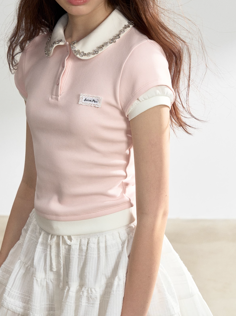 Pink Splice Fake Two-Piece Polo Top