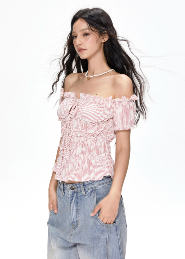 Striped waist cinched short sleeved shirt