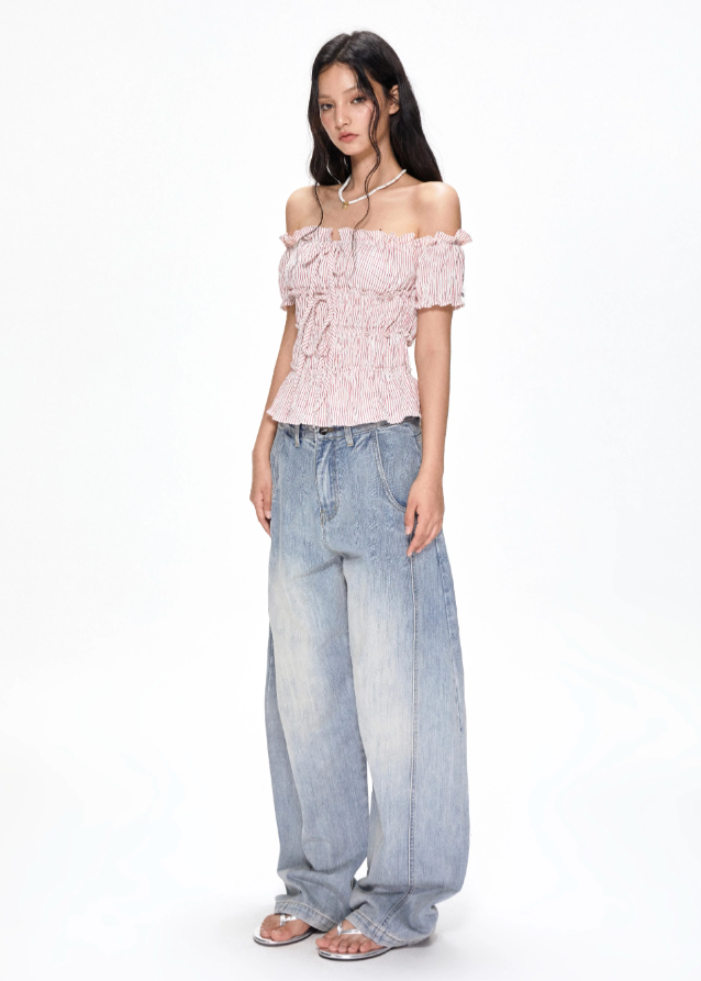 Striped waist cinched short sleeved shirt
