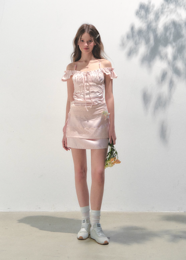 Pink Lace Square Collar Strap Top