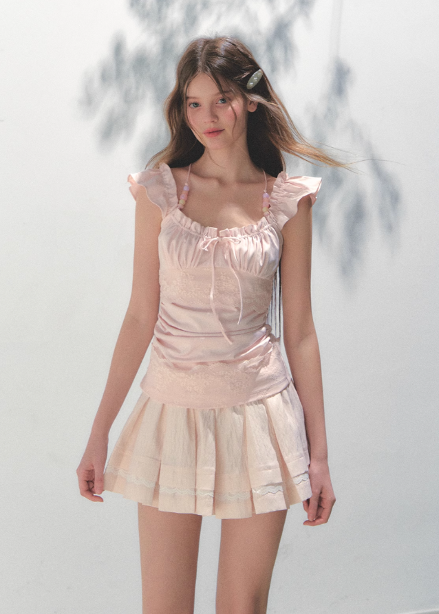 Pink Lace Square Collar Strap Top