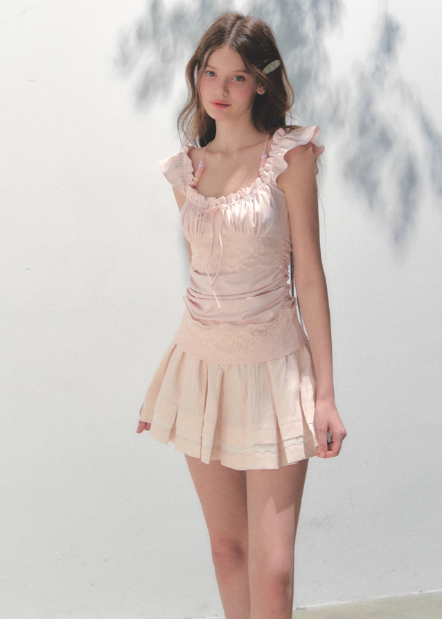 Pink Lace Square Collar Strap Top Hover Image