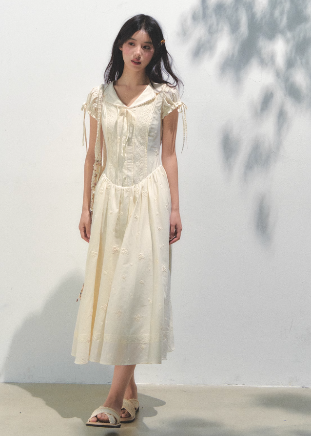 Embroidered Bubble Sleeve Tea Dress