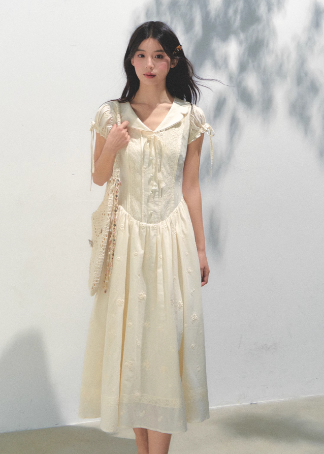 Embroidered Bubble Sleeve Tea Dress