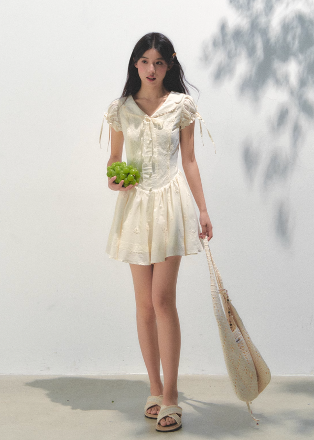 Embroidered Bubble Sleeve Tea Dress